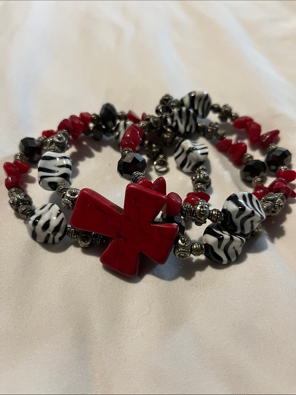 Red Cross Beaded Stretch Bracelet with Zebra Accents